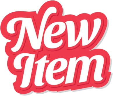 "New Item" label in white colored font with red trim.
